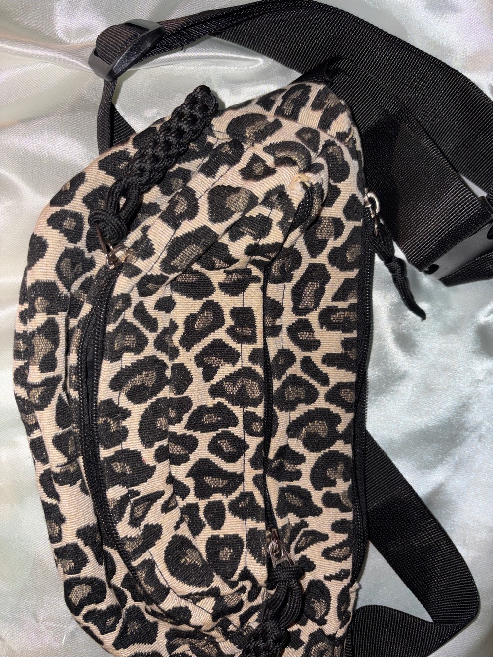 Leopard Print Canvas Crossbody Bag - Black on Beige